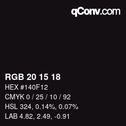 Color code: RGB 20 15 18 | qconv.com