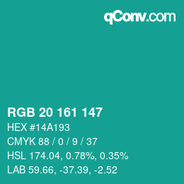 Color code: RGB 20 161 147 | qconv.com