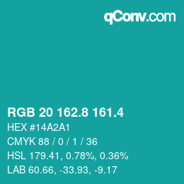 カラーコード: RGB 20 162.8 161.4 | qconv.com