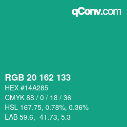Color code: RGB 20 162 133 | qconv.com