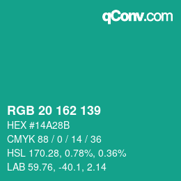 カラーコード: RGB 20 162 139 | qconv.com
