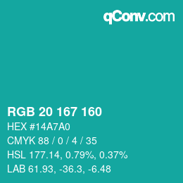 Color code: RGB 20 167 160 | qconv.com