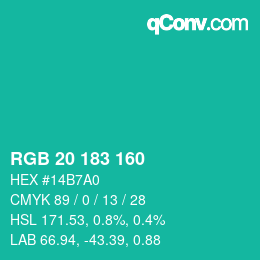 カラーコード: RGB 20 183 160 | qconv.com