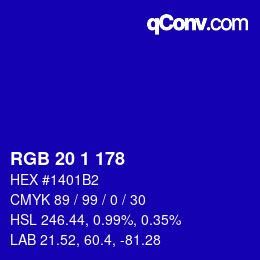 Farbcode: RGB 20 1 178 | qconv.com