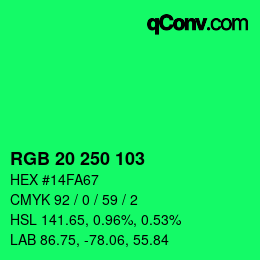 カラーコード: RGB 20 250 103 | qconv.com