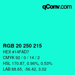 Color code: RGB 20 250 215 | qconv.com