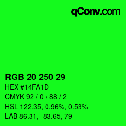 カラーコード: RGB 20 250 29 | qconv.com