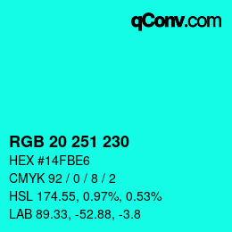 颜色代码: RGB 20 251 230 | qconv.com