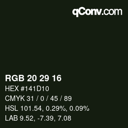 カラーコード: RGB 20 29 16 | qconv.com