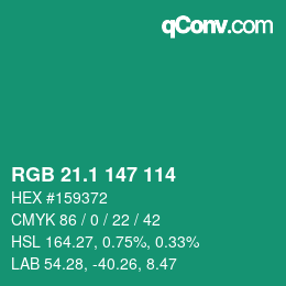 カラーコード: RGB 21.1 147 114 | qconv.com