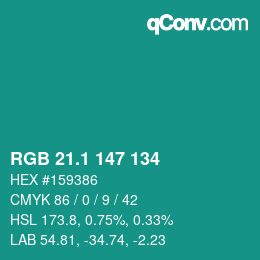 カラーコード: RGB 21.1 147 134 | qconv.com