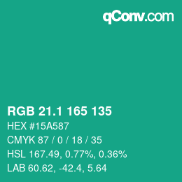 カラーコード: RGB 21.1 165 135 | qconv.com