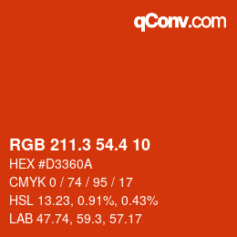 カラーコード: RGB 211.3 54.4 10 | qconv.com