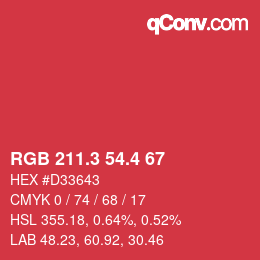 カラーコード: RGB 211.3 54.4 67 | qconv.com