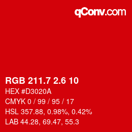 カラーコード: RGB 211.7 2.6 10 | qconv.com