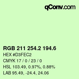 カラーコード: RGB 211 254.2 194.6 | qconv.com