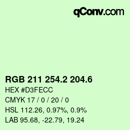 カラーコード: RGB 211 254.2 204.6 | qconv.com