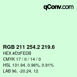 カラーコード: RGB 211 254.2 219.6 | qconv.com