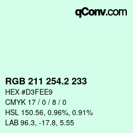 カラーコード: RGB 211 254.2 233 | qconv.com