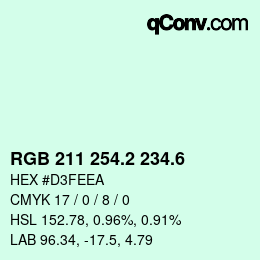 カラーコード: RGB 211 254.2 234.6 | qconv.com