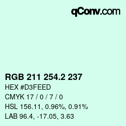 カラーコード: RGB 211 254.2 237 | qconv.com