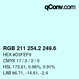 カラーコード: RGB 211 254.2 249.6 | qconv.com