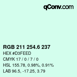 カラーコード: RGB 211 254.6 237 | qconv.com