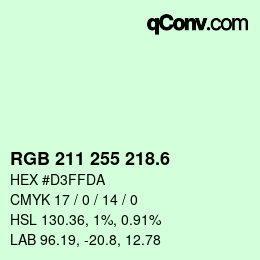 カラーコード: RGB 211 255 218.6 | qconv.com