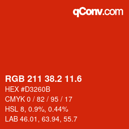 カラーコード: RGB 211 38.2 11.6 | qconv.com