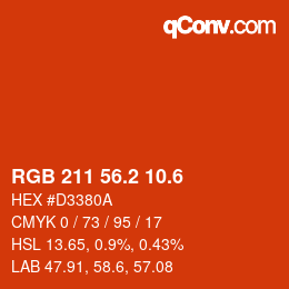 カラーコード: RGB 211 56.2 10.6 | qconv.com