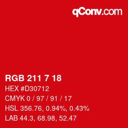 カラーコード: RGB 211 7 18 | qconv.com