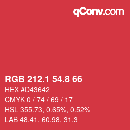 カラーコード: RGB 212.1 54.8 66 | qconv.com