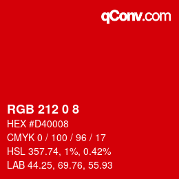 颜色代码: RGB 212 0 8 | qconv.com