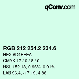 カラーコード: RGB 212 254.2 234.6 | qconv.com