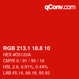 カラーコード: RGB 213.1 18.8 10 | qconv.com