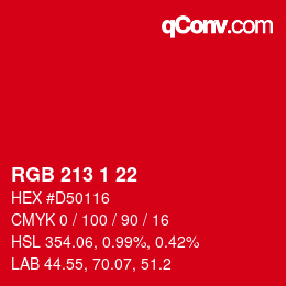 カラーコード: RGB 213 1 22 | qconv.com