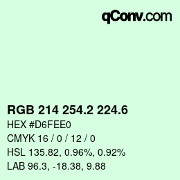 カラーコード: RGB 214 254.2 224.6 | qconv.com