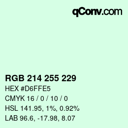 カラーコード: RGB 214 255 229 | qconv.com