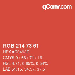 Color code: RGB 214 73 61 | qconv.com