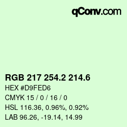 カラーコード: RGB 217 254.2 214.6 | qconv.com