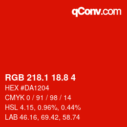 カラーコード: RGB 218.1 18.8 4 | qconv.com