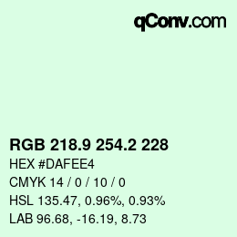 Color code: RGB 218.9 254.2 228 | qconv.com