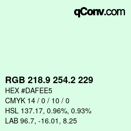 Color code: RGB 218.9 254.2 229 | qconv.com