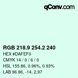 Color code: RGB 218.9 254.2 240 | qconv.com