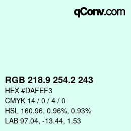 Color code: RGB 218.9 254.2 243 | qconv.com