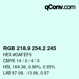 Color code: RGB 218.9 254.2 245 | qconv.com