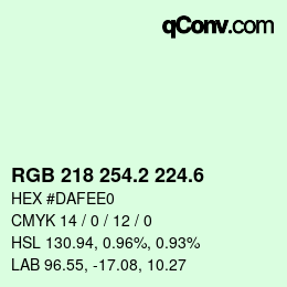 カラーコード: RGB 218 254.2 224.6 | qconv.com