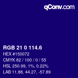 カラーコード: RGB 21 0 114.6 | qconv.com