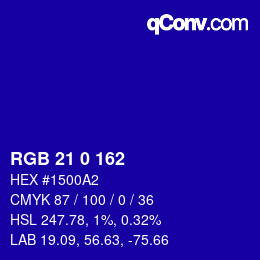 颜色代码: RGB 21 0 162 | qconv.com