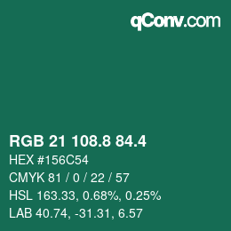 カラーコード: RGB 21 108.8 84.4 | qconv.com